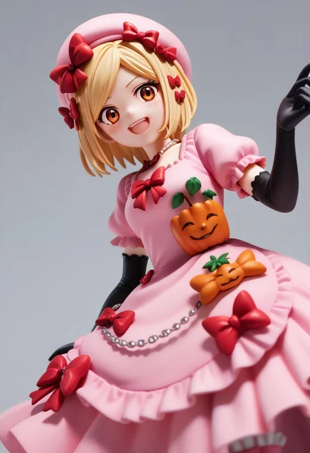 score_9, score_8_up, score_7_up, highres, absurdres, solo, 1girl, blush, smile, looking_at_viewer, Rambda, blonde hair, short hair, orange eyes, hair ornament, necklace, pink hat, pink gown, red bow, short sleeves, elbow gloves, striped kneehighs, foot, feet, from_below, pantie,