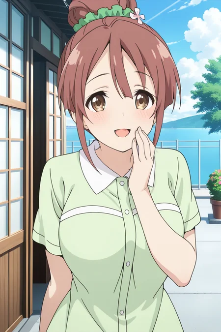 anime screenshot, 1girl, solo, shinomiya shiori, brown hair, single hair bun, green scrunchie, hair scrunchie, hair flower, brown eyes, large breasts, green dress, collared dress, short sleeves, looking at viewer, smile, open mouth, hand to own mouth, cowboy shot, outdoors, masterpiece, best quality, high quality, highres, absurdres, <lora:shinomiya_shiori_ILXL:0.9>