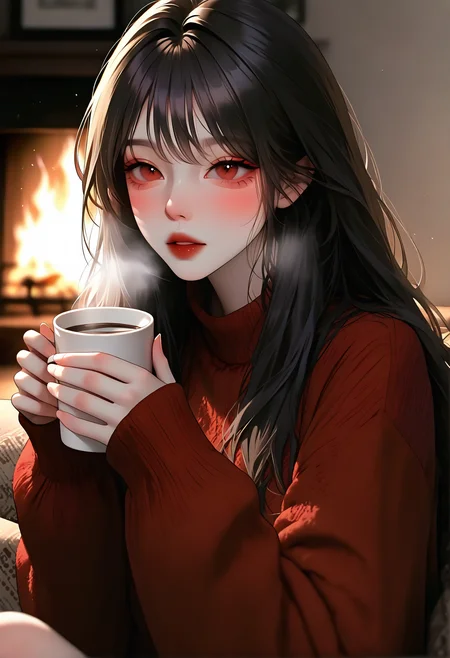 <lora:KoreanStyleSDXLvpred10:1>, AiKoreanStyle, 1girl, solo,black hair, red eyes, korean, asian, holding coffee, steam, looking at coffee, parted lips, dark red lips, blush, sweater, winter, indoors, cold, fireplace, dim lighting, christmas, depth of field, sitting on couch, living room, masterpiece, best quality, year 2024, newest, highres, absurdres,