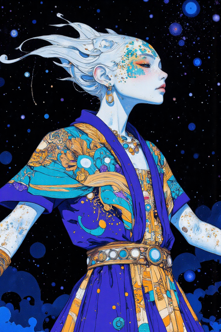 An extreme close-up of a human figure with the head of a white gecko, its glossy, iridescent scales reflecting mesmerizing shades of blue, teal, and purple with oily textures, highlighted by **niji_flux** style. The soft blur effect enhances the dreamlike quality of the scene, as light dances across the **aesthetic_pose**, adding a surreal beauty. The figure is draped in royal violet robes with intricate bronze accents and glowing patterns that pulse with a mystical energy. The **dynamic_pose** captures the figure heroically, arms outstretched, adding movement and power, as it’s seen from a dramatic low angle to intensify the cosmic authority. The scene is bathed in **dramatic_lighting**, creating sharp contrasts that emphasize the intricate details of the shimmering scales and flowing robes. The dark cosmic nebula background, filled with distant stars, enhances the otherworldly feel. In the style of **BSstyle004** and **Jed-clrfl**, the interplay of light, color, and textures creates a captivating atmosphere where every detail, from the iridescent scales to the glowing patterns, evokes a sense of cosmic power and surreal majesty.