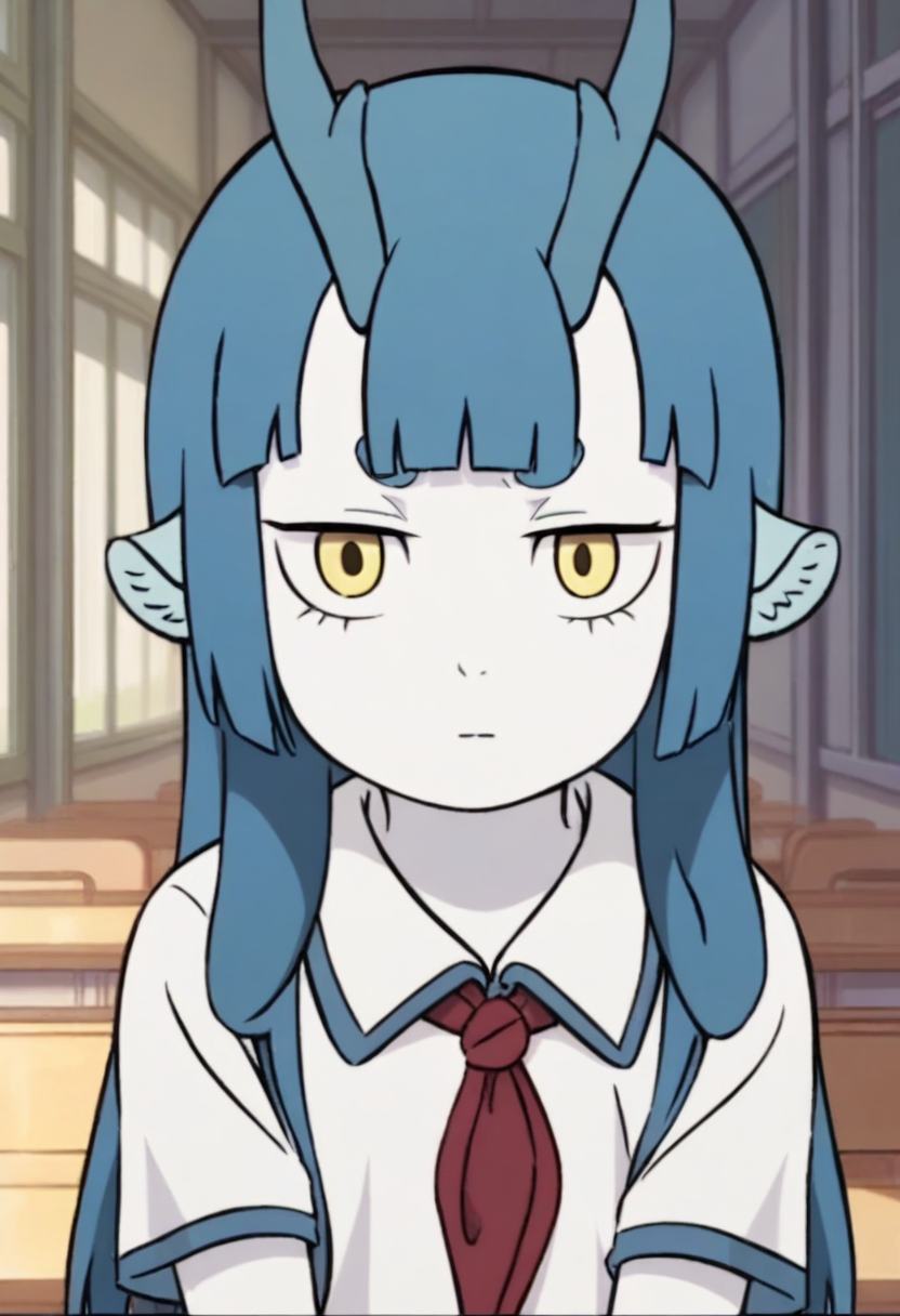 <lora:longnu:1>,longnu,1girl,horns,blue hair,long hair,blunt bangs,yellow eyes,short eyebrows,animal ears,white skin,
shirt,white shirt,school uniform,collared shirt,short sleeves,red neckerchief,, masterpiece,best quality,amazing quality,absurdres, anime screenshot,