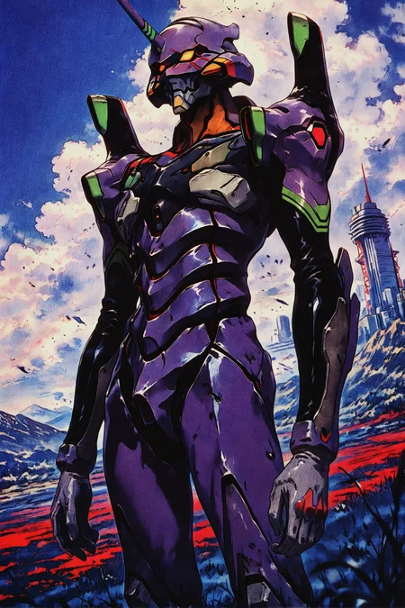 masterpiece, best quality, retro illustration, knva, bloom, high contrast, detailed texture,,neon_genesis_evangelion eva_01 highres blurry blurry_background building evangelion_(mecha) field from_behind grass horns mecha mountainous_horizon outdoors robot single_horn sky standing,