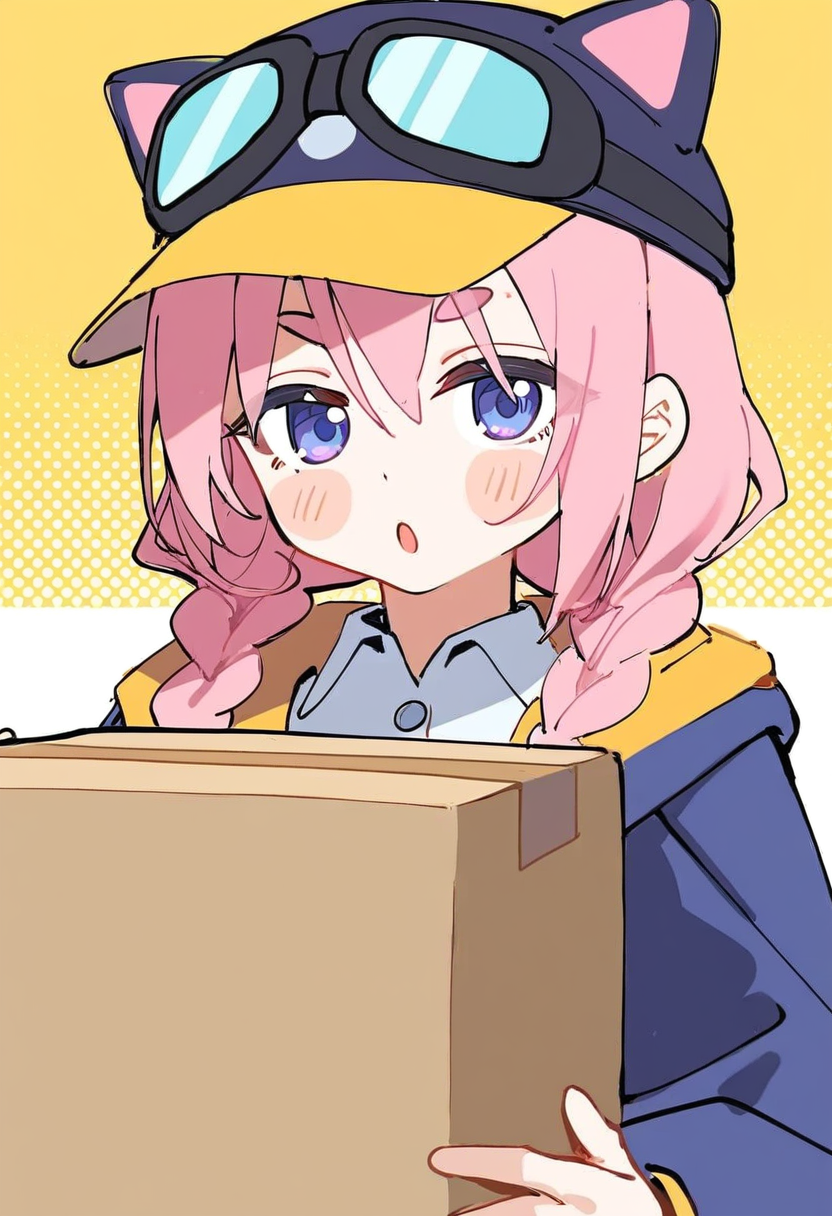 1girl,steam delivery girl,pink hair,baseball cap,hat,braid,box,twin braids,solo,shirt,collared shirt,cat hat,jacket,cat ears,cardboard box,holding box,looking at viewer,blue eyes,animal hat,animal ears,animal ear headwear,long hair,halftone,open mouth,white shirt,holding,upper body,fake animal ears,thick eyebrows,:o,blush stickers,halftone background,hair between eyes,blue jacket,blue eyes,goggles, 
(toosaka asagi:1.1025),(ningen mame:0.907),(ciloranko:0.9524),sho \(sho lwlw\),(tianliang duohe fangdongye:0.8638),(rhasta:0.907),
newest,absurdres,highres,masterpiece,best quality,year 2024,
<lora:steam_delivery_girl_NoobVpred10:1>,