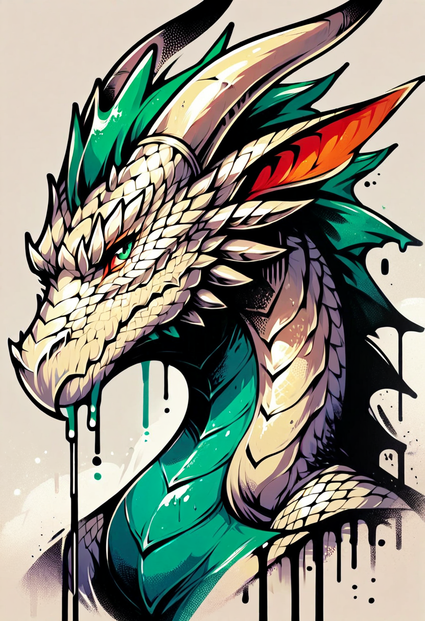 score_9, score_8_up, score_7_up, score_9, <lora:Toon Graffiti Style:1>,dripping, dragon, portrait, scales, horns, green eyes,