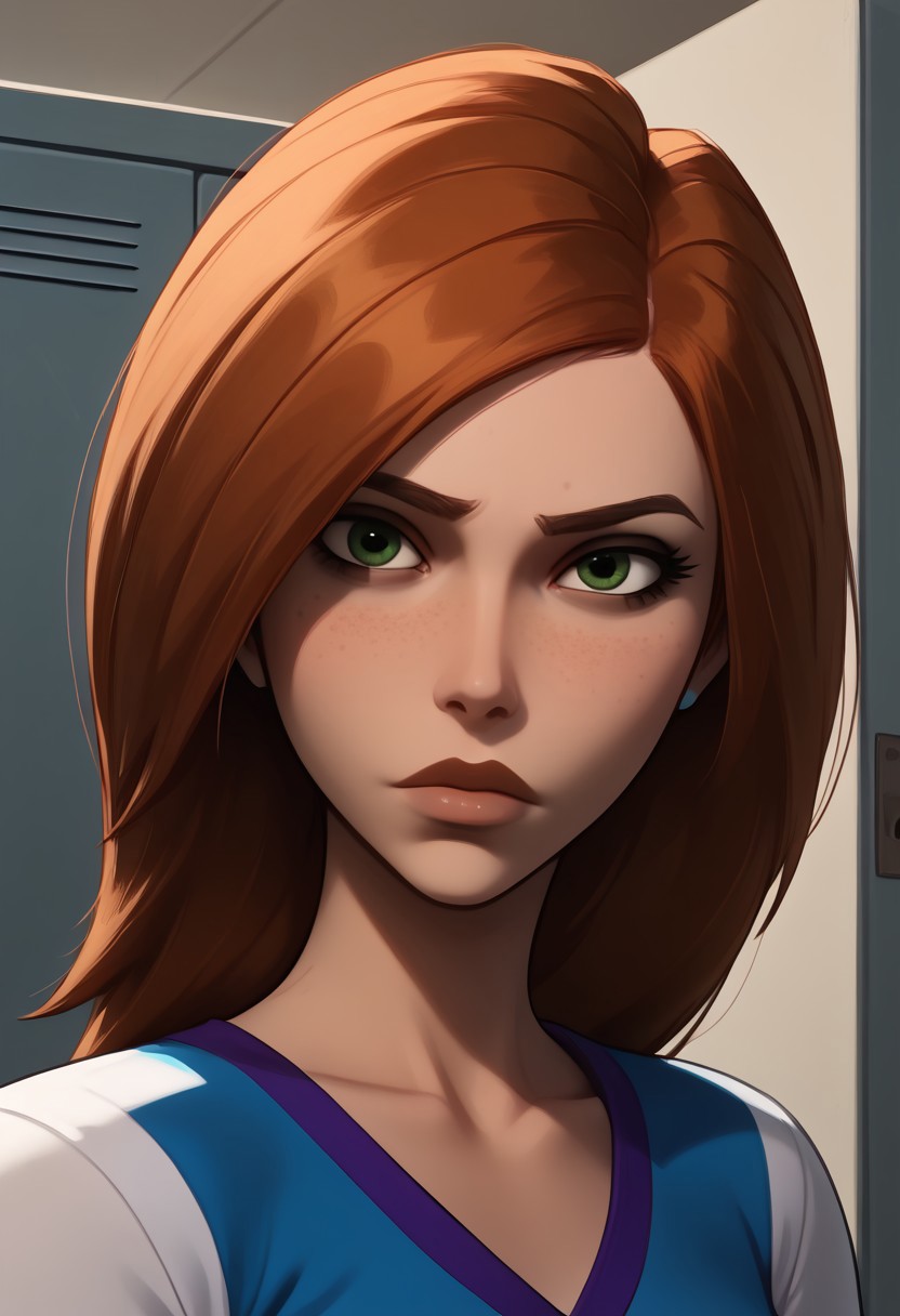 score_9, score_8, score_7, score_8_up, 1girl, bonnie and kim possible, (1petite, Kim Possible), Expressiveh, redhead, small neck, solo, freckles, (long hair, green eyes), smooth hair, medium hair, long eyelashes, collarbone, side view,  jewelry, piercings, close up view, (((looking at viewer))), in a school, light blue lockers, cheerleader top, jawline, collarbone, slightly angled view, detailed skin, high quality, (long eyelashes, dark makeup), cheerleader outfit,
