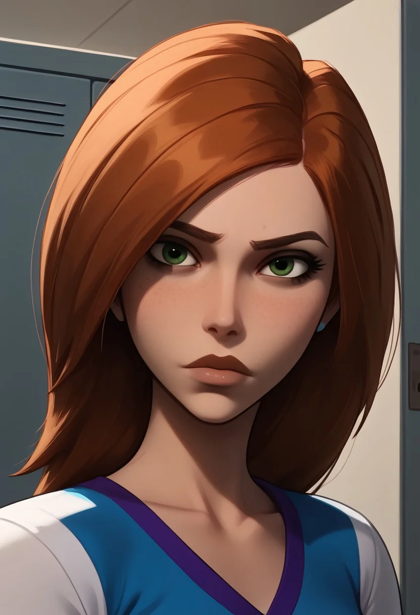 score_9, score_8, score_7, score_8_up, 1girl, bonnie and kim possible, (1petite, Kim Possible), Expressiveh, redhead, small neck, solo, freckles, (long hair, green eyes), smooth hair, medium hair, long eyelashes, collarbone, side view, jewelry, piercings, close up view, (((looking at viewer))), in a school, light blue lockers, cheerleader top, jawline, collarbone, slightly angled view, detailed skin, high quality, (long eyelashes, dark makeup), cheerleader outfit,