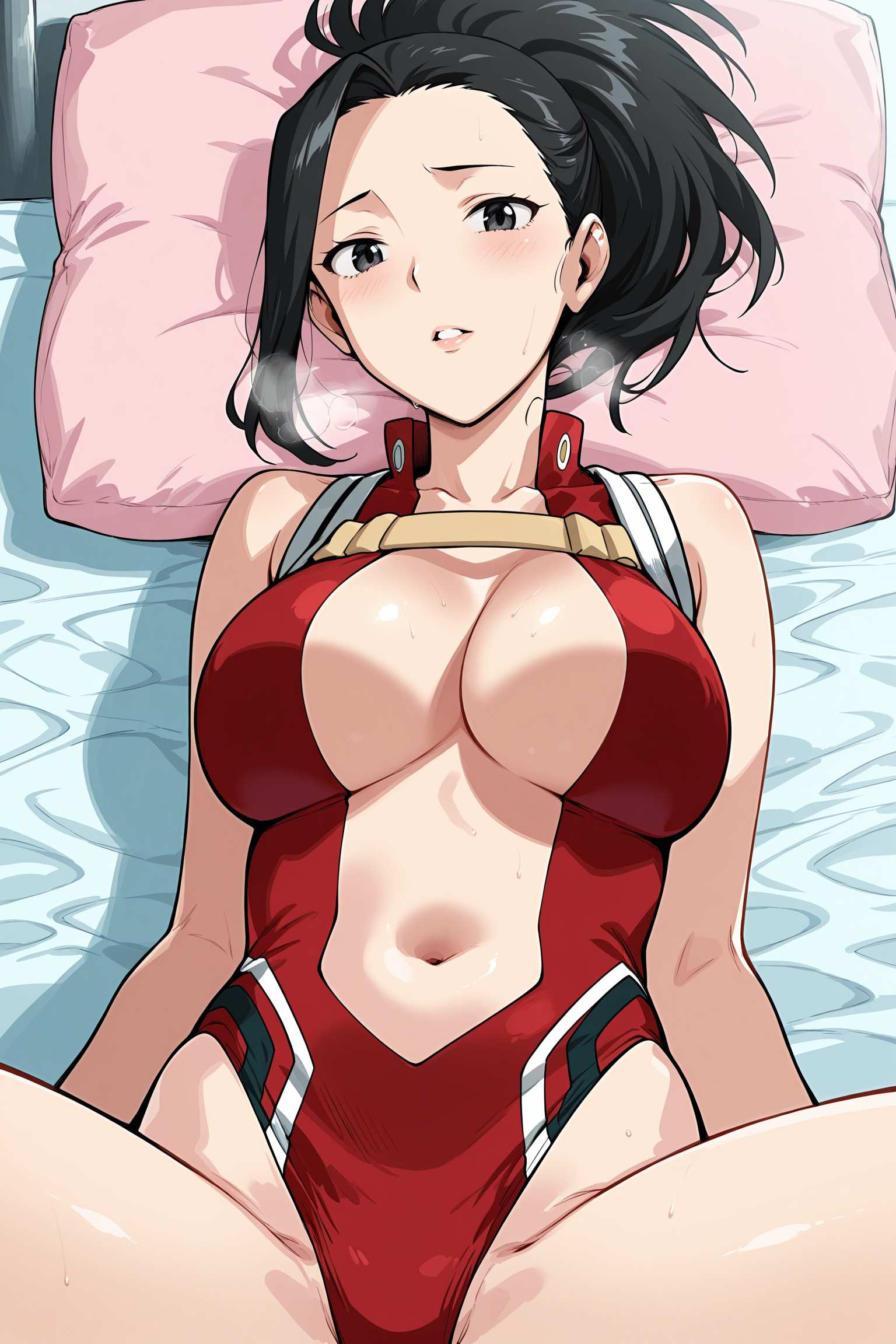 <lora:Hews_artist_style:1>
1girl, yaoyorozu momo, solo, girl is 18 years old, black hair, ponytail, large breasts, leotard, hair pulled back, red leotard, navel, on a bed with a pillow, girl lying on her back, cowboy shot, looking at the viewer, lips parted, legs spread, pleading eyes, heavy breathing