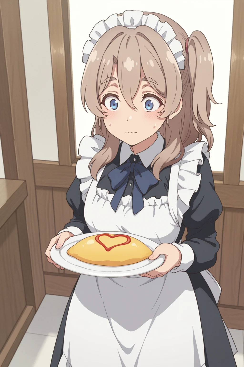 masterpiece, best quality, amazing quality, 1girl, s41t0um1n0, brown hair, long hair, blue eyes, one side up, hair between eyes, thick eyebrows, maid, maid_costume, indoors, long dress, aesthetic, holding plate, omelet