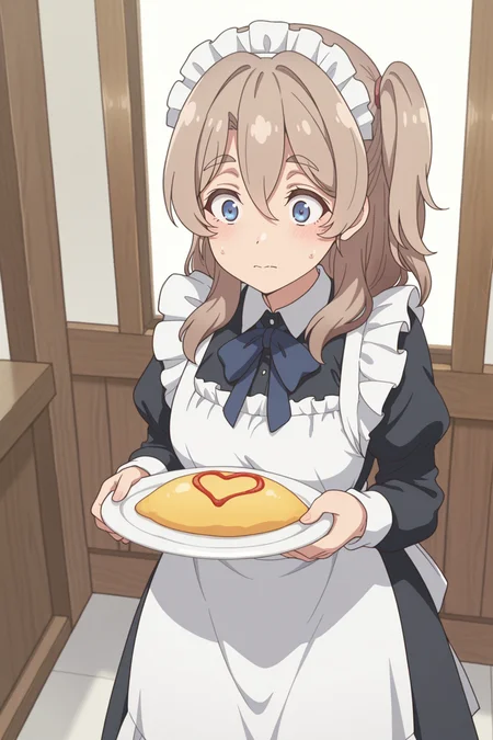 masterpiece, best quality, amazing quality, 1girl, s41t0um1n0, brown hair, long hair, blue eyes, one side up, hair between eyes, thick eyebrows, maid, maid_costume, indoors, long dress, aesthetic, holding plate, omelet