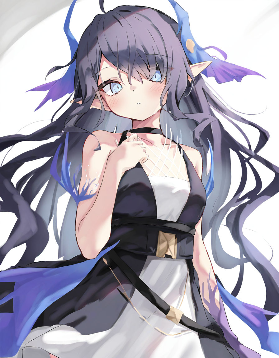 1girl,solo,looking at viewer,simple background,white background,cowboy shot,highmore,single glove,purple gloves,<lora:highmore-000010:1>,, masterpiece, best quality, very aesthetic, absurdres,newest, incredibly absurdres,, toshizou \(0714\)