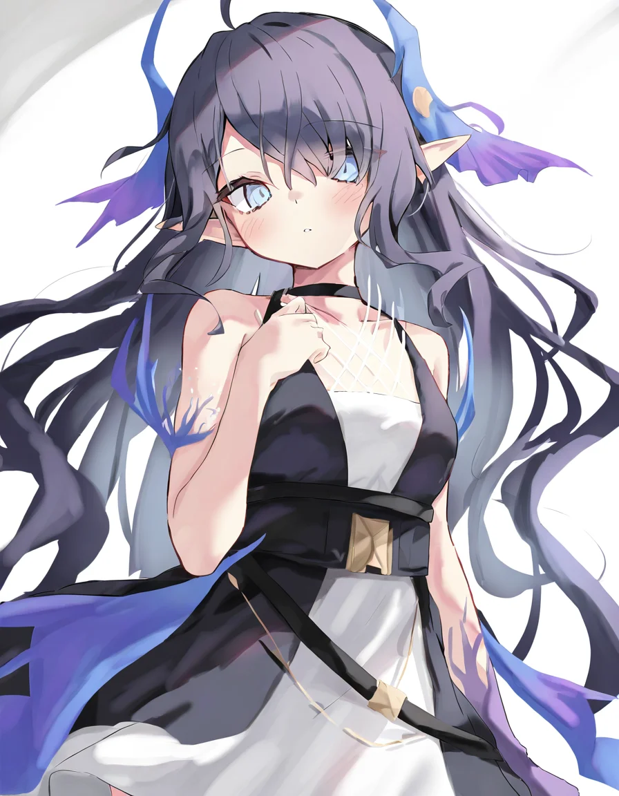 1girl,solo,looking at viewer,simple background,white background,cowboy shot,highmore,single glove,purple gloves,<lora:highmore-000010:1>,, masterpiece, best quality, very aesthetic, absurdres,newest, incredibly absurdres,, toshizou \(0714\)