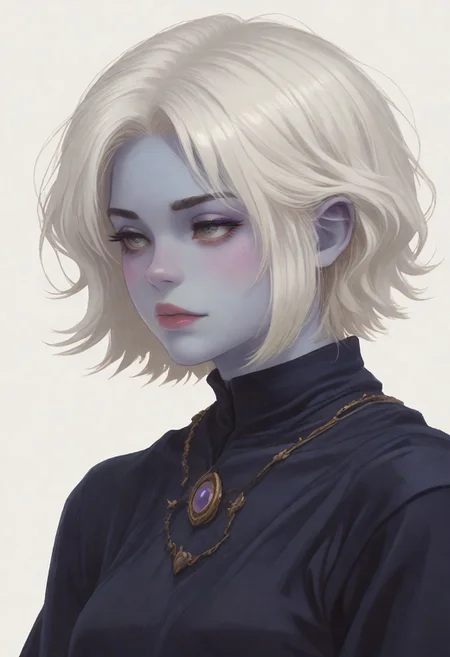 score_8_up, score_7_up, score_6_up, dnd <lora:dnd_flat:0.95> 1girl tiefling, portrait, short horns, blue skin <lora:Crude:0.6> (wizard clothes:1.2) , jewelry, short BOB hair, WHITE hair, close up, side view.
WHITE BACKGROUND