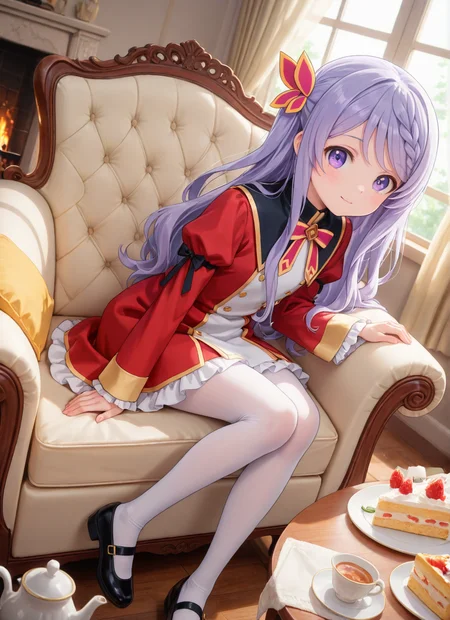 source_anime BREAK prefect lighting,very aesthetic,prefect hands,best quality,
intricate details,highly detailed background,(masterpiece:0.9),high quality,lustrous_skin,skindentation,(zPDXL3),
ultra delicate hair,
face_detail,
skin_detail,<lora:cfg_scale_boost>,
lustrous_skin,skindentation,
shiny skin,
<lora:seirei_gensouki_-_flora_beltrum_s1_il:0.7>,seirei_gensouki_-_flora_beltrum_s1,long_hair,purple_hair,hair_ornament,braid,purple_eyes,aged_down,flat_chest,
bow,ribbon,red_dress,long_sleeves,frills,juliet_sleeves,puffy_sleeves,white_pantyhose,black_footwear,
masterpiece,best quality,amazing quality,masterpiece,best quality,ultra-detailed,Best-A,Medium-B,Low-C,Bad-D,cute,in spring,indoor,bedroom,couch,window_,fireplace,curtains,armchair,table,cake,cup,teapot,light_blush,happy,dynamic_angle,looking at viewer,
drink tea,
