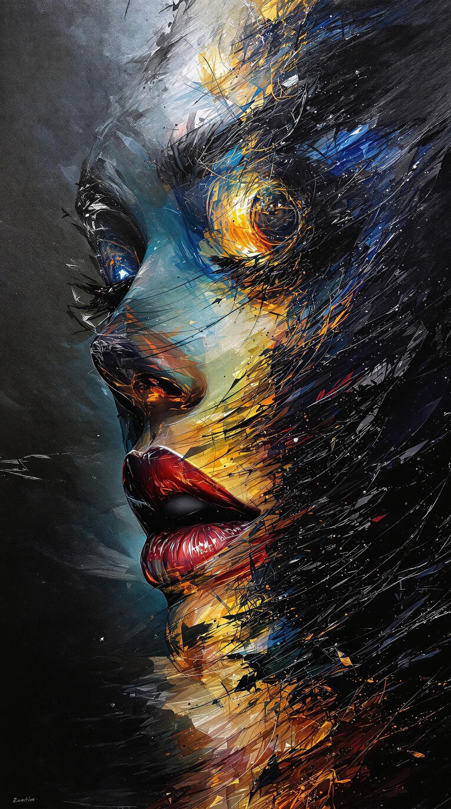 hyper realism,Multithreaded rendering,faded colors,double exposure,Capturing the cave of the Hole on canvas has been attempted by many.Penetrating under the cover of the world, we find the Abode,also called the Ridge of the World and the cave of the Hole.The Abode is the home of the Watch,in whose care our world is,and the abode of the chosen departed souls. Above the cave is the Glory,the source of all light, the place to which they aspire.At the base of the House and around its walls - though it has none-grows the Forest.Beneath the cave is Nowhere.(An oil painting depicting a beautiful female),in which bold, aggressive strokes of acrylic paint emerge from deep shadow,creating a dynamic interplay of light and darkness.The thick application of acrylic paint forms a textured surface, enhancing the sense of depth and dimensionality.Applied in a parallax style,the acrylic paint fluctuates with changes in perspective, revealing rich halftones and subtle variations in hue. This dramatic composition invites exploration,with swirling shapes and jagged edges that evoke a sense of movement and chaos,transforming the canvas into an immersive experience of visceral energy.multilayer overlay of acrylic paints creating the effect of parallax,as if the picture was painted on different levels of perspective advanced volumetry of each cut of acrylic paints, ((creating an abstract image of a painted female)),breasts in hearts,very dramatic lighting,glare in the light