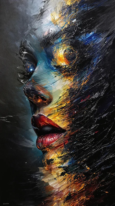 hyper realism,Multithreaded rendering,faded colors,double exposure,Capturing the cave of the Hole on canvas has been attempted by many.Penetrating under the cover of the world, we find the Abode,also called the Ridge of the World and the cave of the Hole.The Abode is the home of the Watch,in whose care our world is,and the abode of the chosen departed souls. Above the cave is the Glory,the source of all light, the place to which they aspire.At the base of the House and around its walls - though it has none-grows the Forest.Beneath the cave is Nowhere.(An oil painting depicting a beautiful female),in which bold, aggressive strokes of acrylic paint emerge from deep shadow,creating a dynamic interplay of light and darkness.The thick application of acrylic paint forms a textured surface, enhancing the sense of depth and dimensionality.Applied in a parallax style,the acrylic paint fluctuates with changes in perspective, revealing rich halftones and subtle variations in hue. This dramatic composition invites exploration,with swirling shapes and jagged edges that evoke a sense of movement and chaos,transforming the canvas into an immersive experience of visceral energy.multilayer overlay of acrylic paints creating the effect of parallax,as if the picture was painted on different levels of perspective advanced volumetry of each cut of acrylic paints, ((creating an abstract image of a painted female)),breasts in hearts,very dramatic lighting,glare in the light