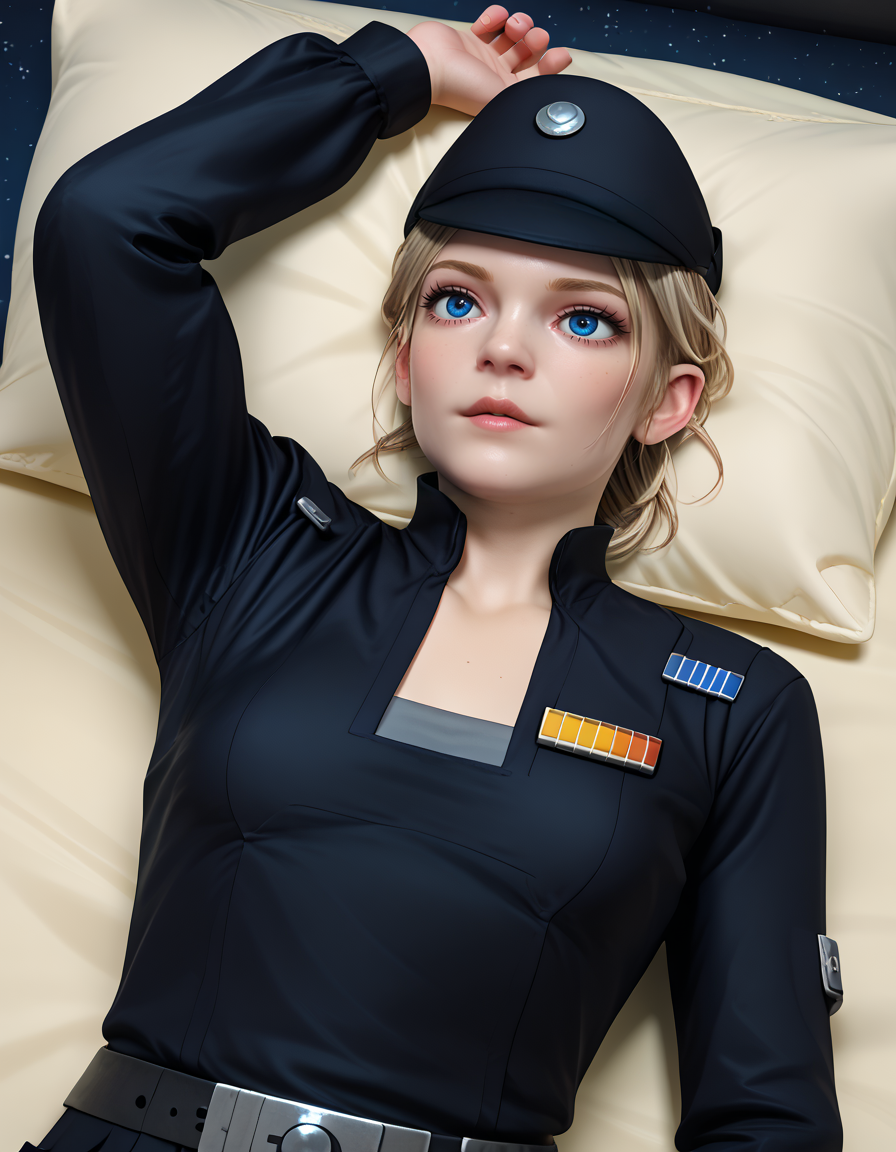 score_9, score_8_up, score_7_up, Masterpiece, high-res, 2k, best quality, 3d, 1girl  juno eclipse, imperial uniform <lora:Juno_eclipse_pony-000040:1> Lying down with one arm extended overhead