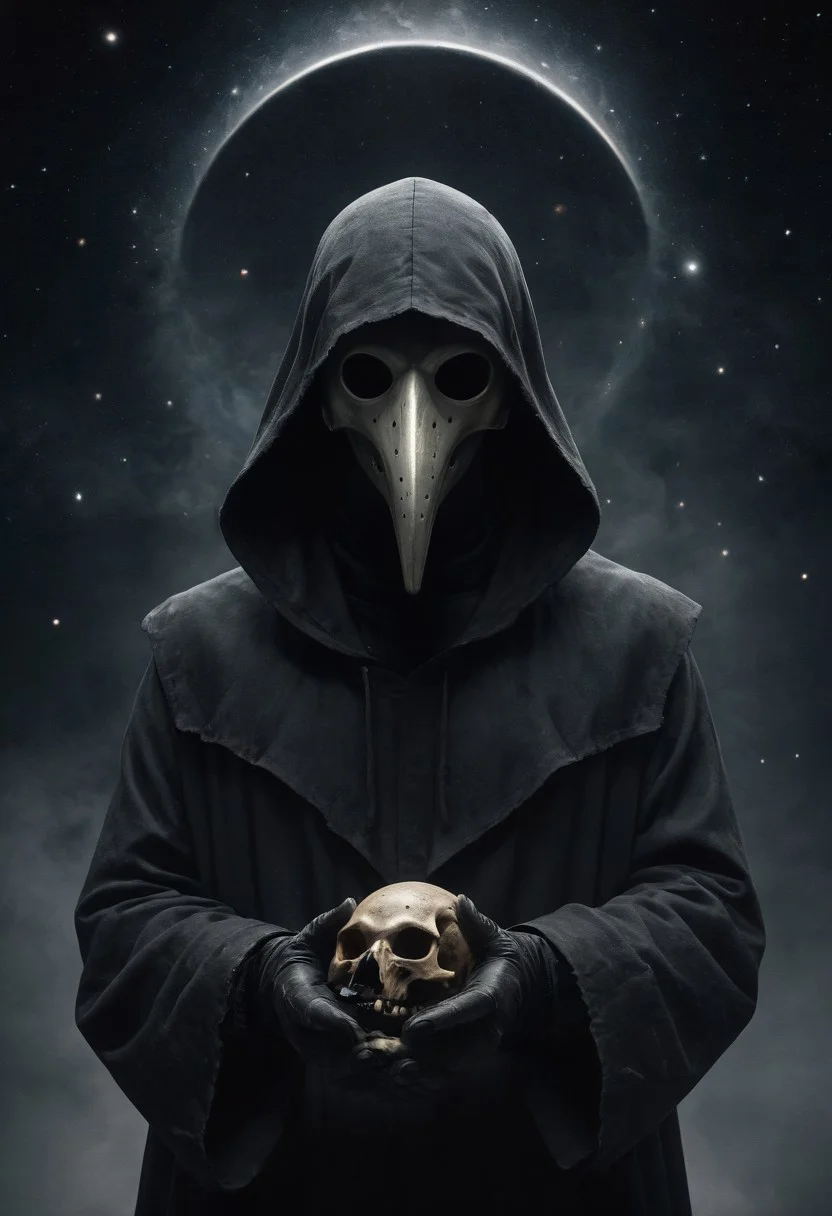 source_photo, hooded figure, holding a human skull that opens into the universe, (plague doctor mask:1.5), ouroboros, low-key, (32K, 16K, 8K, 4K, high resolution),