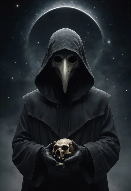 source_photo, hooded figure, holding a human skull that opens into the universe, (plague doctor mask:1.5), ouroboros, low-key, (32K, 16K, 8K, 4K, high resolution),