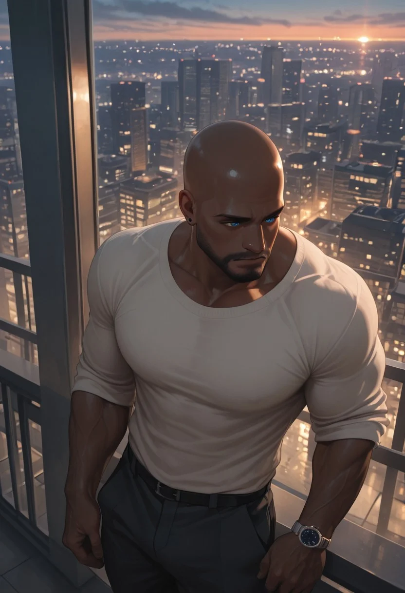 masterpiece, best quality, amazing quality, absurdres, newest, detailed background, definition so sharp, Ultra-HD, 8K cinematic, very awa, impressionate, amazing quality, highres,
1boy, mbti_estj, muscular man, mature man, bald, dark skin, facial hair, blue eyes, watch, solo, balcony, city lights \(bokeh\), twilight, soft ambient light, overlooking cityscape, pensive, relaxed, smart casual, warm atmosphere, tranquil urban, high quality, atmospheric, aesthetic