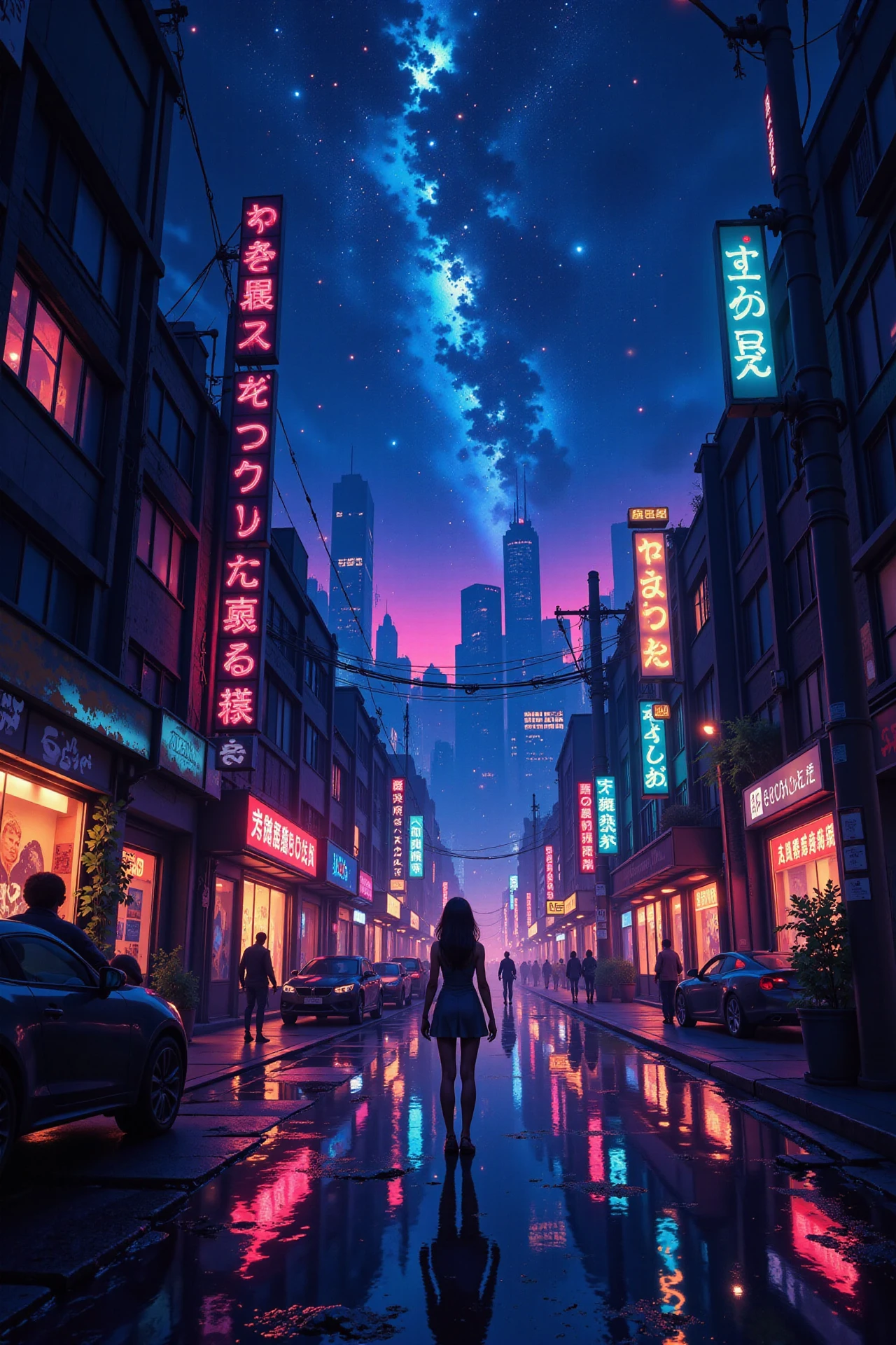 a cyberpunk street full of futuristic technology beautiful  landscape, bright luminous starry night, woman, very intricate, very detailed, sharp, bright, colorful, <lora:Hand v2:0.5> <lora:Anti-Blur:1><lora:Insane Detail Slider:0.25>  <lora:flux.1_lora_flyway_Epic-detail_v2:0.3> <lora:fluxenhancer:0.25> <lora:ROWER:0.8>  <lora:Anime_style:0.6> anime style