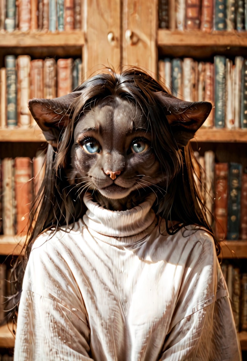 score_9, score_8_up, score_7_up, anthro female cat, ears folded back, Dropped ears, blue eyes, pupils, black long hair, black pony,  furry, fluffy gray fur, cat tail, library,turtleneck, furry hands, shy smile, frontview.