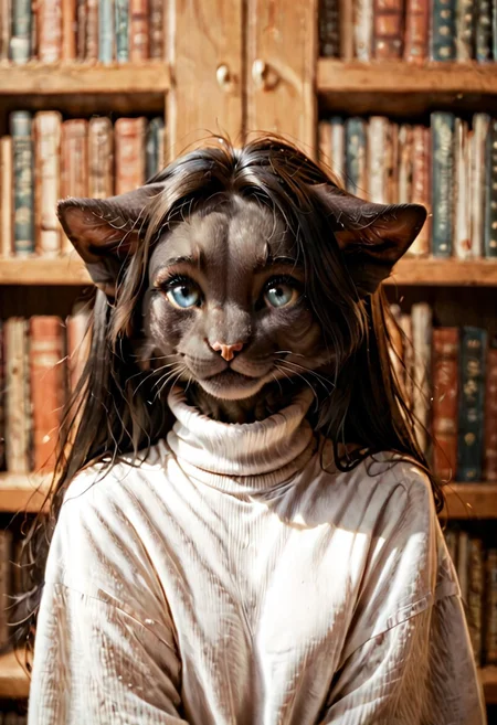 score_9, score_8_up, score_7_up, anthro female cat, ears folded back, Dropped ears, blue eyes, pupils, black long hair, black pony,  furry, fluffy gray fur, cat tail, library,turtleneck, furry hands, shy smile, frontview.