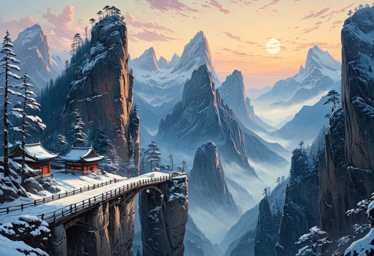 famous artwork, masterful use of light and shadow, masterful composition following the rule of thirds, chiaroscuro, dappled sunlight, in winter, at dawn, under the snow, romanticism oil painting of the floating peaks of zhangjiajie in the style of caspar david friedrich, towering sandstone pillars rising through a sea of mist, their sheer cliffs overgrown with under snow vegetation , the scene is bathed in a golden morning light, soft rays piercing through the ethereal mist, casting long shadows and highlighting the rugged texture of the stone, delicate wisps of cloud wrap around the formations, further emphasizing their towering grandeur, the atmosphere is serene yet awe-inspiring, evoking a sense of the sublime winter, a narrow, winding mountain path leads toward a detailed wooden bridge that connects two towering peaks cover of snow, an ancient and awe-inspiring temple built in traditional chinese style sits atop a pillar in the middle ground. Snow is almost cover everything