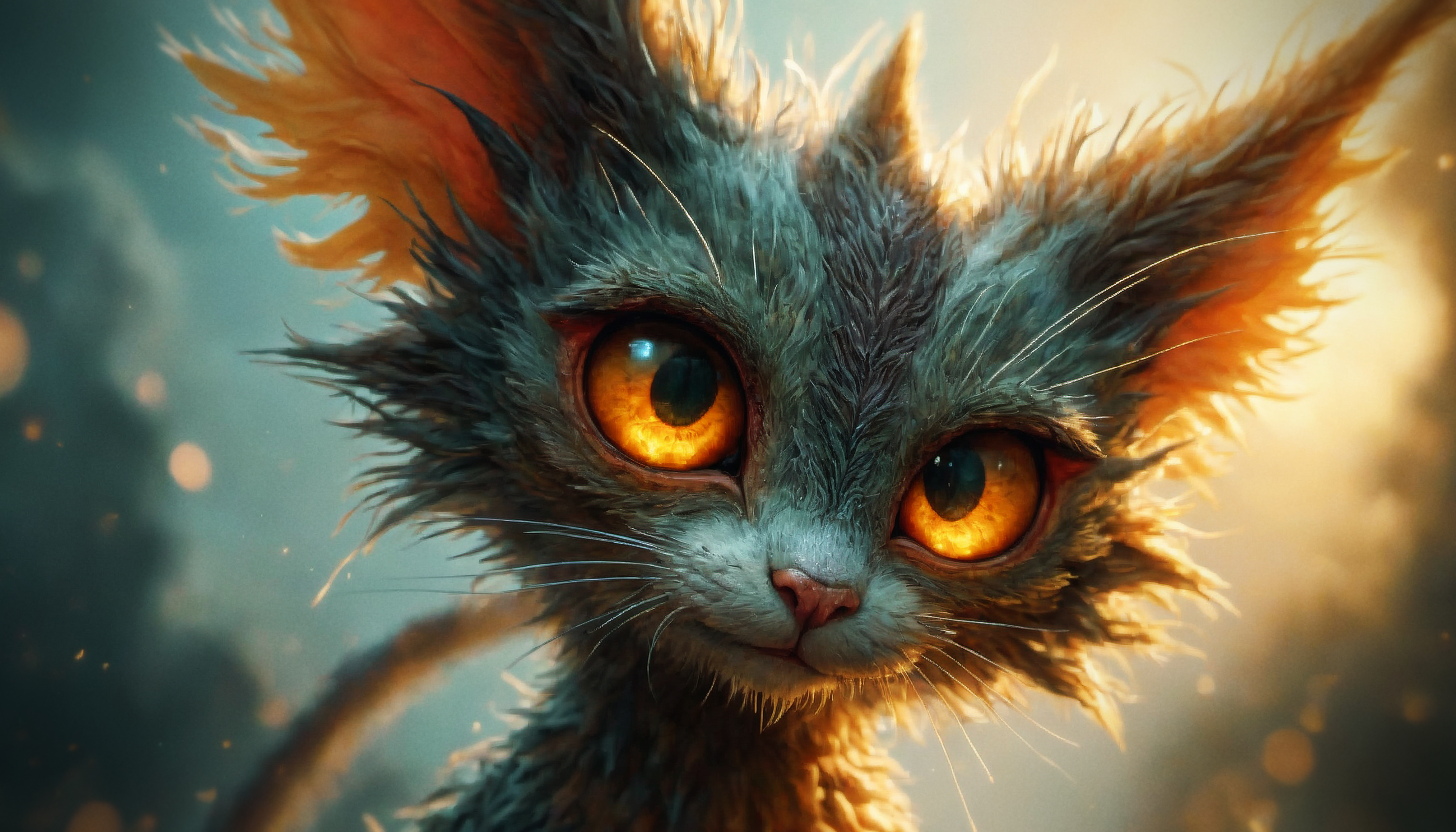 hyper detailed, 4k, masterpiece, a striking and fantastical scene. At the center of the composition is an ornate, furry creature that resembles a cat with a distinctive face and glowing yellow eyes. This creature's fur is not ordinary but appears to be made from various materials, giving it a multi-textured look that is both exotic and otherworldly.