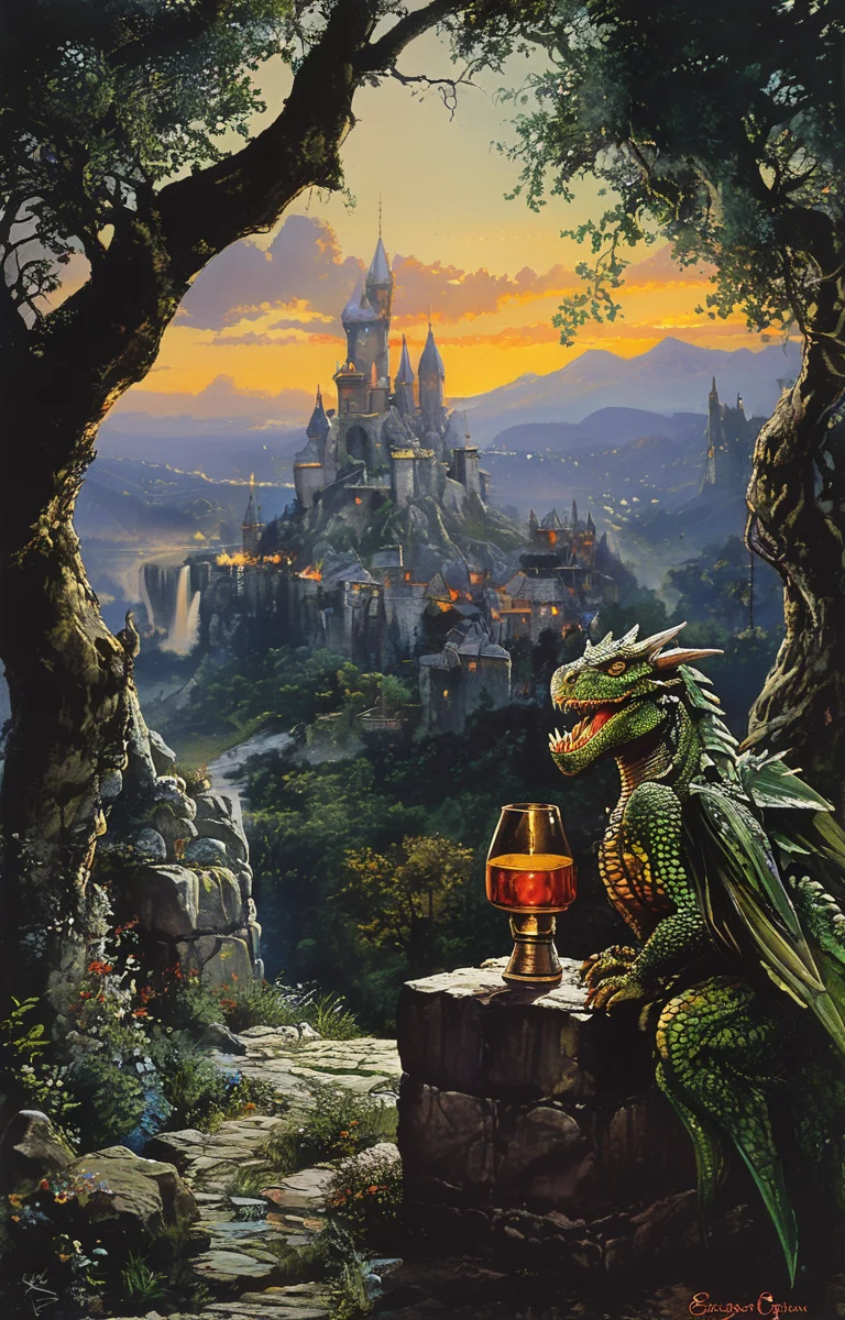 masterpiece,best quality,<lora:tbh182-sdxl:0.9>,style of Clyde Caldwell,Dungeon and Dragon,Brave,Sword,Shield,Dragon,adnd,