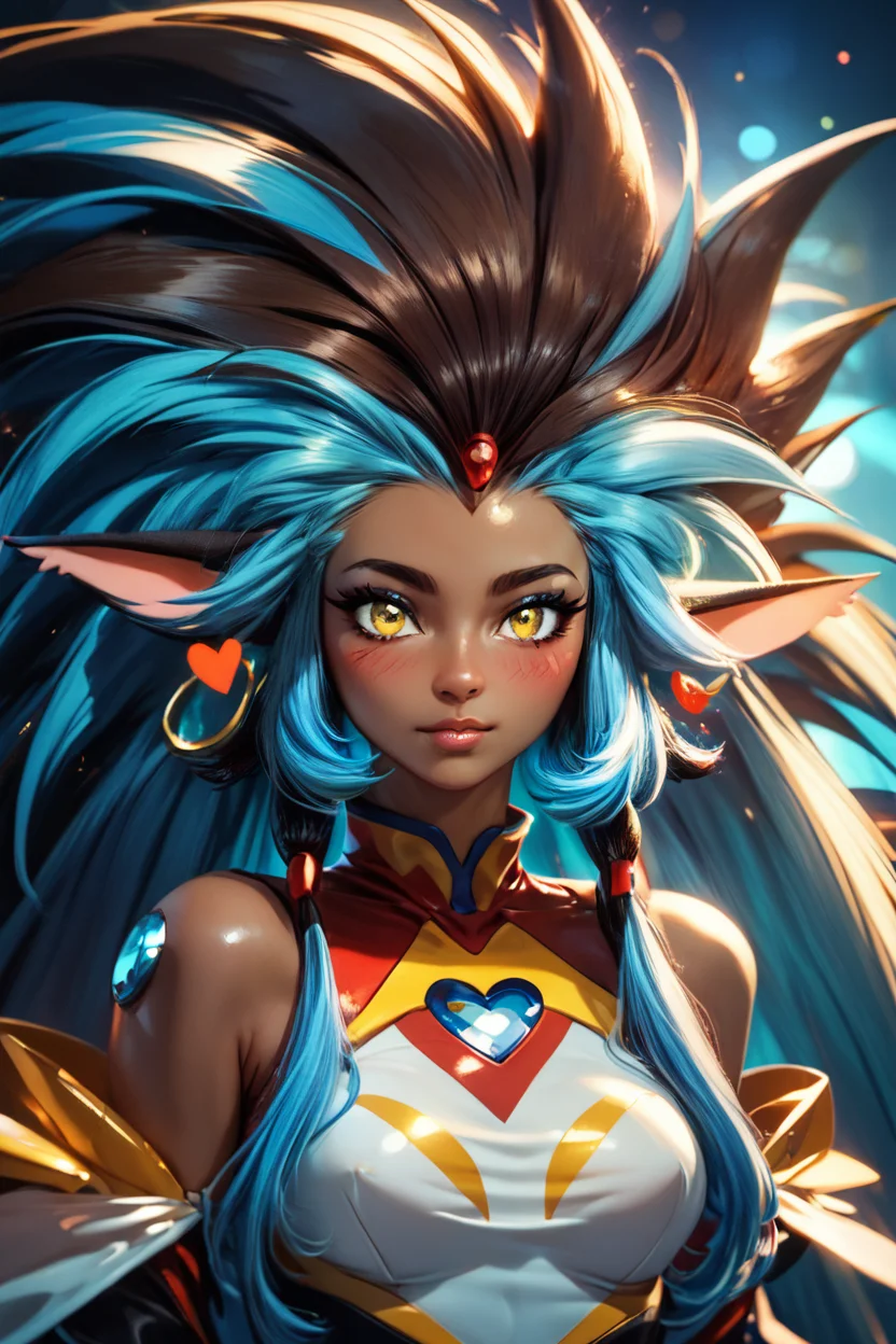 score_9, score_8_up, score_8, medium breasts, (curvy), cute, eyelashes, BREAK, , zzRyouOuki, long hair, animal ears, dark skin, multicolored hair, blue hair, brown hair, yellow eyes, dark-skinned female, two-tone hair, spiked hair, very long hair, big hair, furry, oversized shirt, retro artstyle, <lora:RyouOuki_PDXL:1.0>,, BREAK, (ultra realistic,32k, masterpiece:1.2),(high detailed skin:1.1),( high quality:1.1), curvy, head tilt, hearts, blush, lips, closed mouth, curvy, head tilt, shiny clothes, (upper body), looking at viewer, bokeh, luminescent background, ,,, embedding:zPDXL, Expressiveh, ,,, <lora:RlAnmPDXL:1.0>,