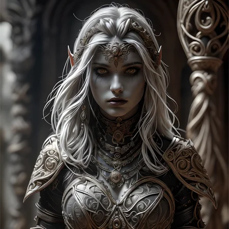 RAW photo, (masterpiece:1.3), subsurface scattering, heavy shadow, (high quality:1.4), (intricate, high detail:1.2), professional photography, HDR, High Dynamic Range, realistic, ultra realistic, photorealistic, high resolution, film photography, ambient lighting, atmospheric effects, <lora:detail_slider_v4:2>, OverallDetail, a female drow warrior priestess, dark makeup, intricate armor, belt, bracers, jewelry, <lora:Drow:1>, epiCPhoto
