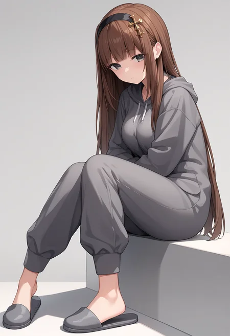 score_9, score_8_up, score_7_up,source_anime,rating_explicit,uncensored,anatomically correct,best perspective BREAK
1girl, wariza, sleepy, hood up,
<lora:FutsumaShoujoCharlotte:1> futsumashoujocharlotte, large breasts. long hair, blunt bangs, brown hair, grey eyes, slippers, hairband, hood, pants, long sleeves, sidelocks, hair ornament, hoodie, grey footwear,