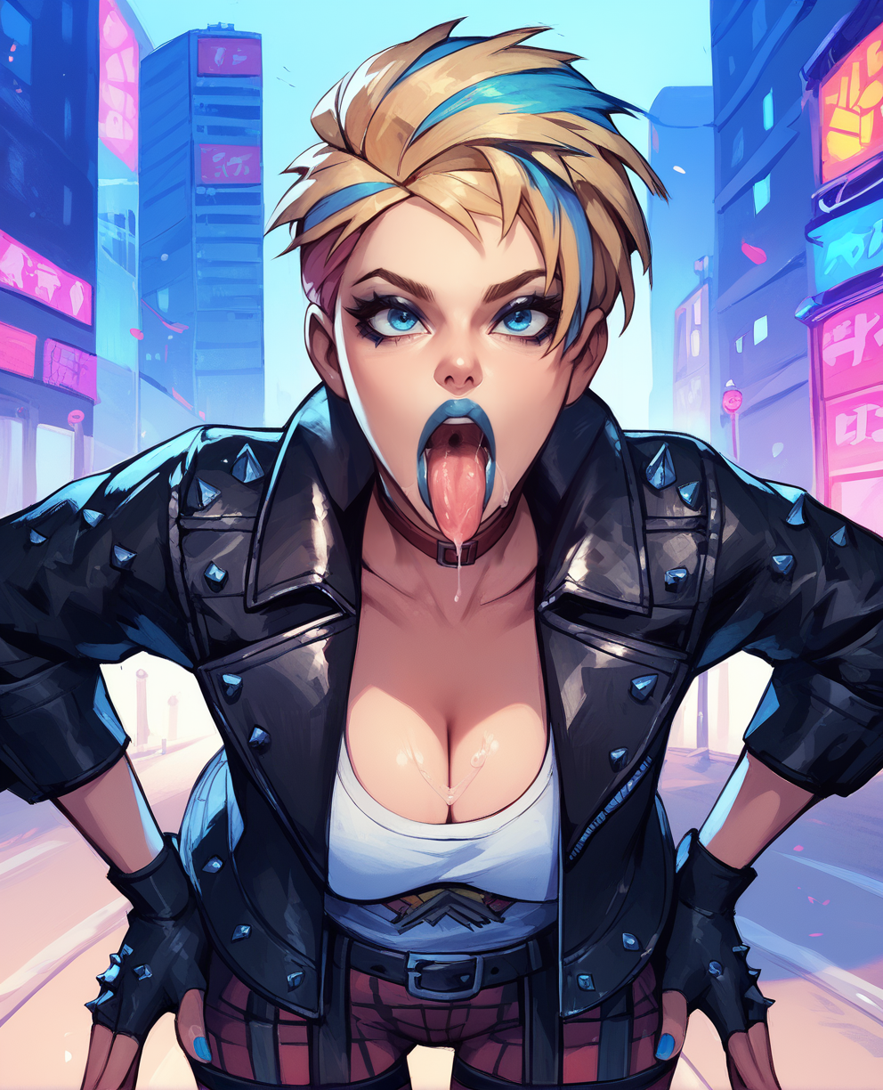 score_9,score_8_up,score_7_up,score_6_up,violaxl,blue eyes,short hair,two-tone hair,blue lipstick,eyeshadow,leather jacket,plaid pants,white shirt,jewelry,fingerless gloves,belt,choker,leaning forward,open mouth,tongue out,saliva,cleavage,
city,evening,solo,<lora:violaxl:1>,