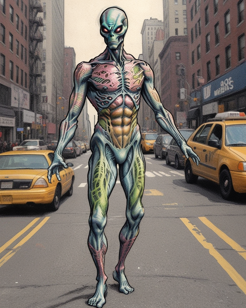 pixeldust_sketch, (an alien in front of NYC street, psychedelic bodysuit, award winning masterpiece)0.8
