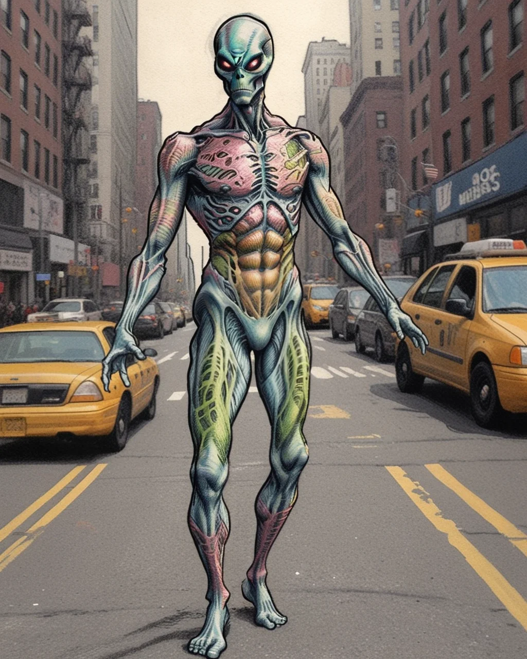 pixeldust_sketch, (an alien in front of NYC street, psychedelic bodysuit, award winning masterpiece)0.8