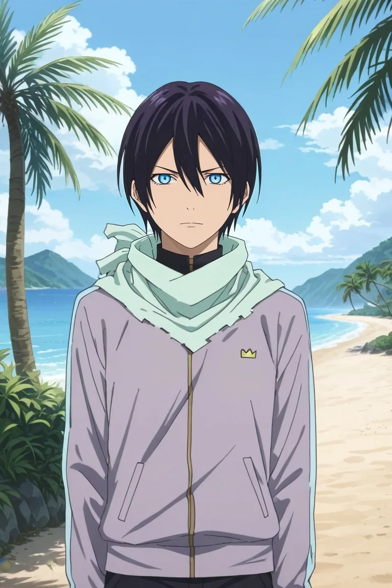score_9, score_8_up, score_7_up, source_anime, rating_safe, intricate details, anime screencap, , official style, looking at viewer, , 1boy, solo, male focus, <lora:yato_noragami_pony:0.96>, yato_noragami, black hair, blue eyes, short hair, hair between eyes, scarf, panorama, beach, palm tree, towel, noon, (pose), relaxed, fairy tale costume, <lora:sdxl_lightning_8step_lora:1>