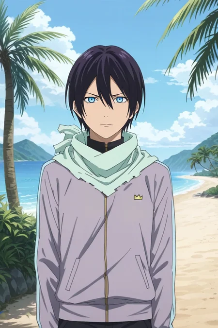 score_9, score_8_up, score_7_up, source_anime, rating_safe, intricate details, anime screencap, , official style, looking at viewer, , 1boy, solo, male focus, <lora:yato_noragami_pony:0.96>, yato_noragami, black hair, blue eyes, short hair, hair between eyes, scarf, panorama, beach, palm tree, towel, noon, (pose), relaxed, fairy tale costume, <lora:sdxl_lightning_8step_lora:1>