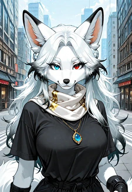 1girl, furry female, fox, solo, mature, heterochromia, red eyes, blue eyes, white eyebrows, black eyelashes, white hair, (gradient hair:1.1), (black hair:0.9), parted bangs, messy hair, half up half down braid, black fingernails, fox ears, white scarf, black t-shirt, black clothes, white clothes, clothes with white and gold accents, fingerless_gloves, pendant, city, (masterpiece:1.1), best quality, absurdres