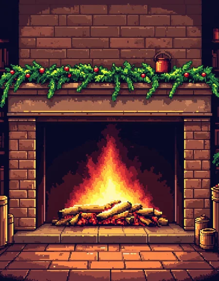 A pixel art illustration of a fire in the fireplace with christmas garland strung across the mantle<lora:General Flux\pixel-art-christmas.safetensors:0.9:1.0>