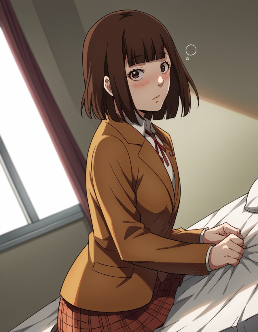 score_9, score_8_up, score_7_up, source_anime, <lora:chiyo-kurihara-s1-ponyxl-lora-nochekaiser:1>, chiyo kurihara, brown hair, brown eyes, short hair, bangs, blunt bangs,, skirt, school uniform, jacket, pantyhose, plaid, plaid skirt, blazer,, indoors, bed, bed room, on side, blush, drunk, looking at viewer, solo,, cowboy shot, dutch angle