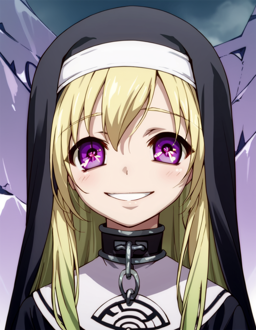 score_9, score_8_up, score_7_up, score_6_up, score_5_up, score_4_up, source_anime,  Chaos, nun, blonde hair, green hair, purple eyes, collar,  , portrait, soft smile