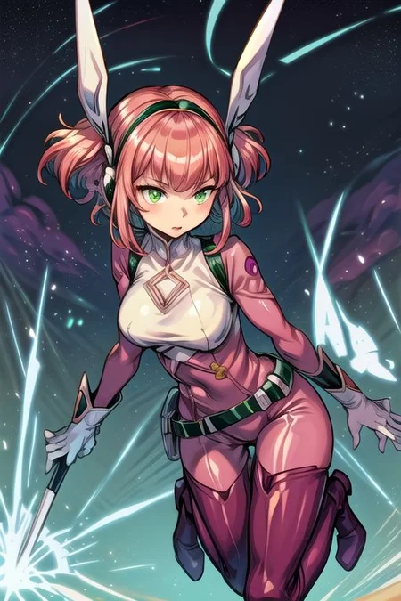 <lora:Barara_Peor:1>outdoor,masterpeace,high quality,Barara_Peor, 1girl, solo,short hair, green eyes, pink hair, boots, belt,bodysuit, thigh boots, purple boots, pink bodysuit,white shirt,white gloves, upper body