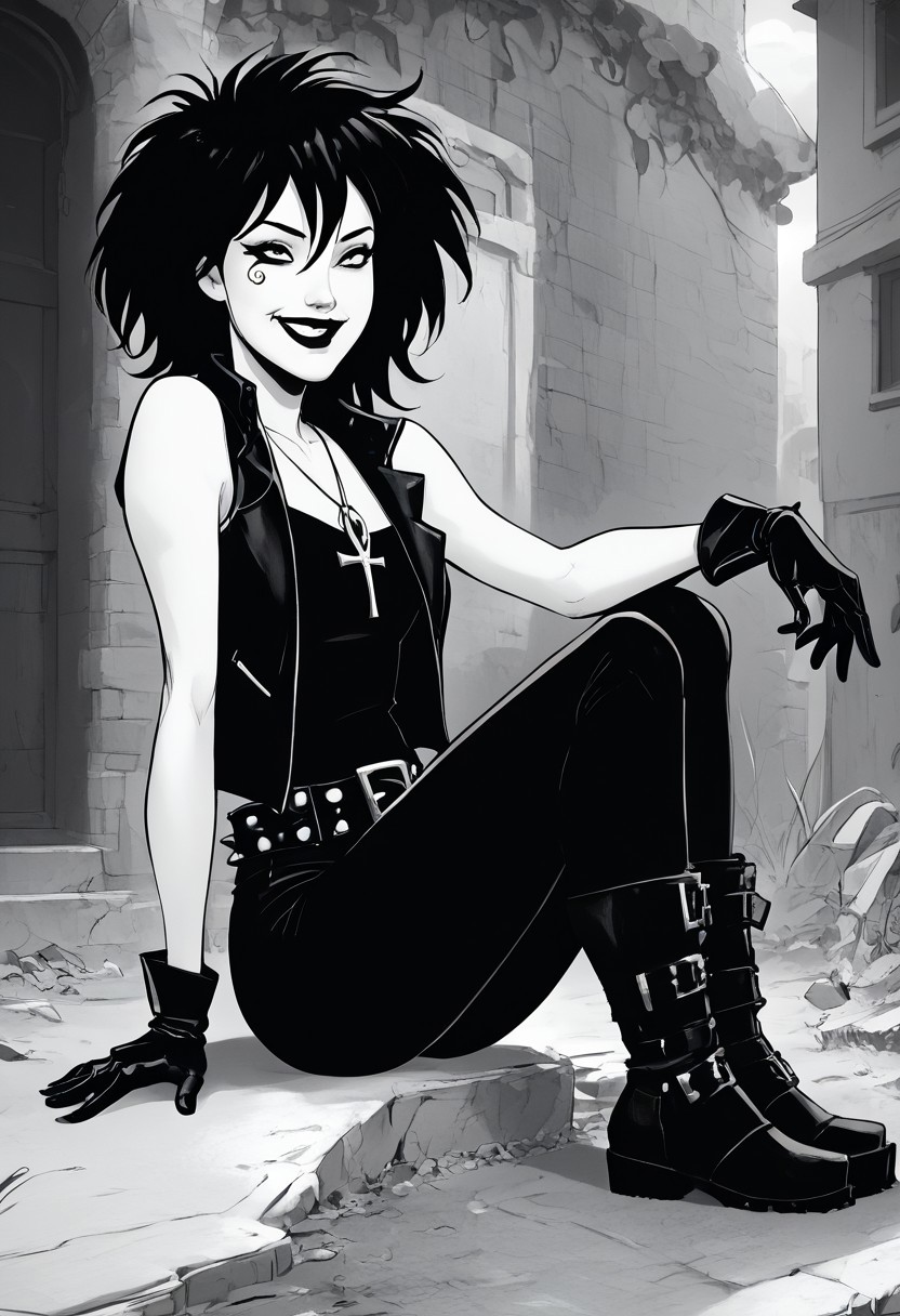 dsk_death, 1girl,  solo, jewelry, gloves, , boots, sitting, makeup, short hair, smile, lipstick, black hair, gothic, jewelry, necklace, ankh necklace, nail polish, leather jacket, black shirt, vest, short sleeves, tattoo, gloves, pants, lipstick, belt, spiked hair, black boots, comic art style, death_of_the_endless\(sandman\), greyscale, monochrome, cinematic angle, cinematic lighting, BREAK zPDXL2 PonyXLV6_Scores