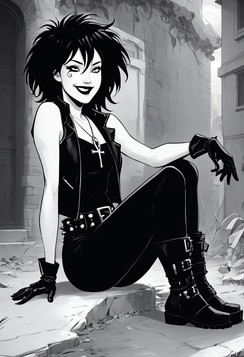 dsk_death, 1girl, solo, jewelry, gloves, , boots, sitting, makeup, short hair, smile, lipstick, black hair, gothic, jewelry, necklace, ankh necklace, nail polish, leather jacket, black shirt, vest, short sleeves, tattoo, gloves, pants, lipstick, belt, spiked hair, black boots, comic art style, death_of_the_endless\(sandman\), greyscale, monochrome, cinematic angle, cinematic lighting, BREAK zPDXL2 PonyXLV6_Scores