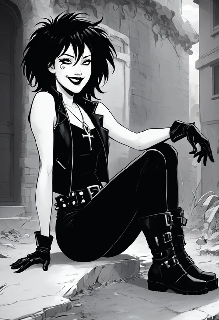 dsk_death, 1girl, solo, jewelry, gloves, , boots, sitting, makeup, short hair, smile, lipstick, black hair, gothic, jewelry, necklace, ankh necklace, nail polish, leather jacket, black shirt, vest, short sleeves, tattoo, gloves, pants, lipstick, belt, spiked hair, black boots, comic art style, death_of_the_endless\(sandman\), greyscale, monochrome, cinematic angle, cinematic lighting, BREAK zPDXL2 PonyXLV6_Scores