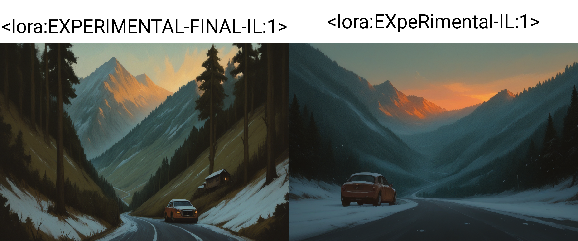 very awa, masterpiece, best quality, highres, absurdres, painting, scenery, no humans, mountains, road, forest, hill, car, snowing, dusk, <lora:EXPERIMENTAL-FINAL-IL:1>,
