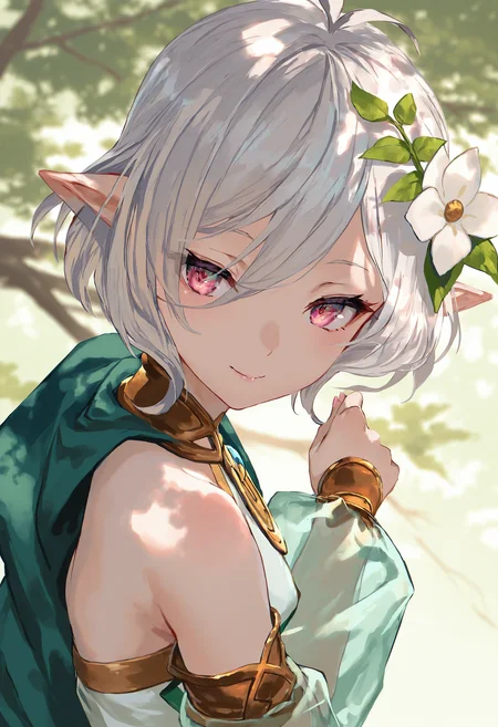 by [lack|fuzichoco|lam|kinta \(distortion\)|wlop|quasarcake|nixeu|happoubi jin],
1girl, kokkoro \(granblue fantasy\), antenna hair, bangs, bare shoulders, detached sleeves, dress, elf, hair between eyes, hair flower, hair ornament, long sleeves, pointy ears, puffy long sleeves, see-through sleeves, short hair, silver hair, sleeveless dress, close-up, light smile, 
cinematic lighting, outdoors, tree shade, dappled sunlight,
masterpiece, best quality, very aesthetic, absurdres
<lora:illustrious_all_rated_v1:1>