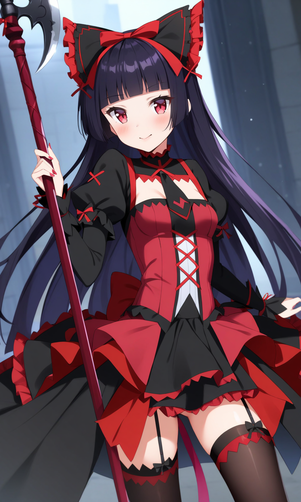 1girl, rorymercury, 1girl, black dress, black hair, black thighhighs, blurry, blush, bow, breasts, dress, frilled dress, frills, garter straps, gate - jieitai ka no chi nite kaku tatakaeri, gothic, hair bow, hair ornament, hair ribbon, halberd, highres, hime cut, fashion, long hair, looking at viewer, medium breasts, polearm, red dress, red eyes, ribbon, rory mercury, solo, thighhighs, two-tone dress, weapon,
masterpiece, best quality, very aesthetic, absurdres, 
<lora:RoryMercury_xl:1>