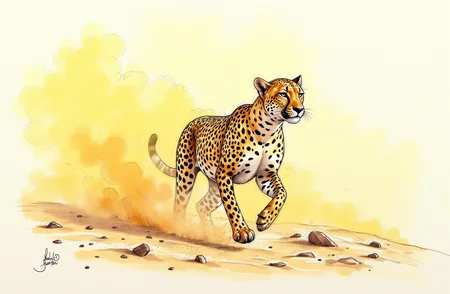 Sharp image of a rough sketch, rendered in vibrant multi colour ballpoint pen, capturing the adorable features of a portait of a cheetah running through a dust storm. The leopard is in the center of the image, with its body slightly turned to the side. Its head is turned slightly to the left, and its eyes are focused intently on something in the distance. The dust storm is a golden yellow color, and it is kicking up dust behind the leopard as it runs. The background is a desert landscape, with small rocks scattered across the ground. The overall mood of the photograph is dramatic and powerful. p3nsk, <lora:p3nsk:1>