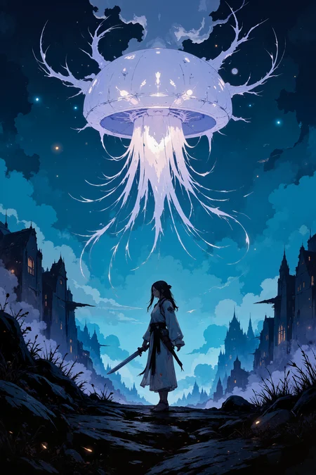 Underneath the glowing tendrils of a massive jellyfish-like creature that hovers in the sky, a lone warrior stands, her silver armor glistening under the soft, pulsating light. The jellyfish’s bioluminescent body casts an ethereal glow over the landscape, bathing the jagged rocks and swirling mist in shades of blue and purple. The warrior, with flowing black hair and bronzed skin, holds a sword that hums with a faint, celestial energy, the blade reflecting the creature’s light like a mirror. Her eyes, a striking, icy blue, are fixed on the massive entity above her, her expression unreadable as the creature’s tendrils sway gently in the wind. The air is thick with a strange, otherworldly energy, as if the very atmosphere hums with life, and the faint sound of distant, echoing whalesong drifts across the rocky plains. The ground beneath her feet is cracked and glowing faintly, as though the planet itself pulses with the same energy that flows through the jellyfish above. Surrounding them, strange, twisted rock formations rise up like forgotten monuments, their surfaces reflecting the bioluminescent glow. The scene is a perfect balance of awe and danger, where the warrior stands at the intersection of the strange and the sublime. Fantastic lighting. Detailed shadows.intricate details, vivid colors, hyper-detailed, ultra-sharp <lora:FluxRavenG40k> <lora:Blue_Future:0.2><lora:Ethereal_Brush_Anime_v1.0:0.6><lora:Dark_and_sentimental v1.0:0.6><lora:It's a LoRA for portraits, BUT! actually specialized in backgrounds. v1.0:0.3>